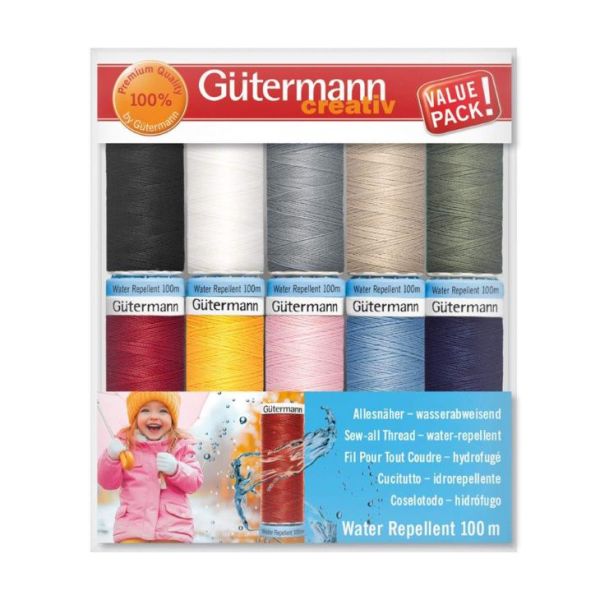 tipe.ch – Gütermann Allesnäher Water Repellent Set mit 10 wasserabweisenden Polyester-Nähfäden à 100 m für Outdoor-Bekleidung, Taschen und funktionale Nähprojekte