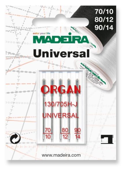 tipe.ch – Madeira Universal Nähmaschinennadeln in Premium-Qualität, 5er-Set mit drei Nadelstärken NM 70, 80 und 90 für vielseitige Näharbeiten und kreative Stoffprojekte.