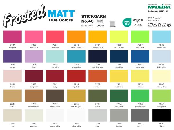 tipe.ch – MADEIRA Frosted Matt 40 Farbkarte mit 40 Farbtönen für mattes Maschinenstickgarn, ideal zur Farbauswahl für kreative Stickereien und Monogramme.